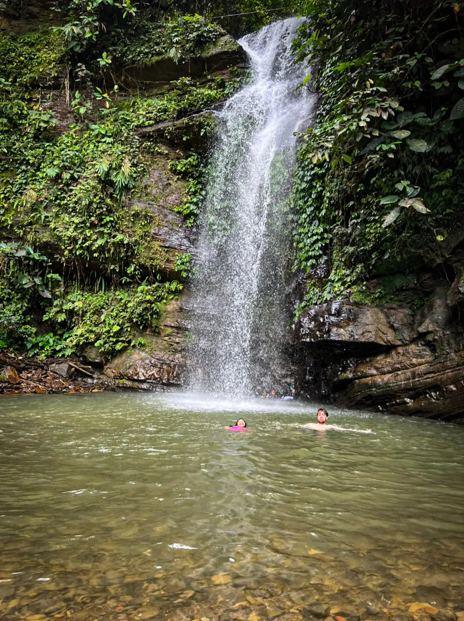 a man and woman in a swimming hole under a waterfall surrounded by vegetation